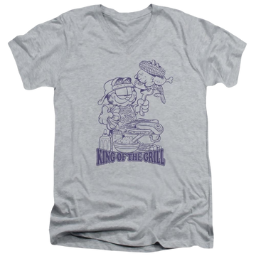 Athletic heather men's v-neck t-shirt with Garfield King Of The Grill graphic