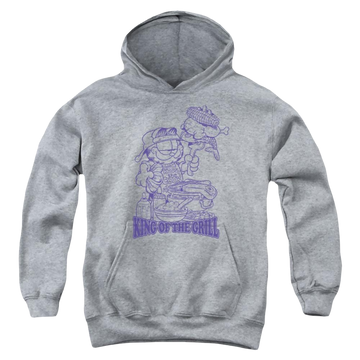 Athletic heather youth hoodie for ages 8 to 12 with Garfield King Of The Grill graphic
