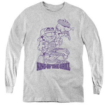Athletic heather youth long sleeve t-shirt with Garfield King Of The Grill graphic