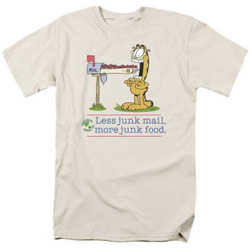 Cream men's regular fit t-shirt with Garfield Less Junk Mail graphic
