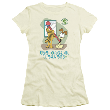 Cream juniors t-shirt with Garfield Organic Cleaners graphic
