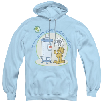 Light blue pullover hoodie with Garfield Plant A Tree graphic