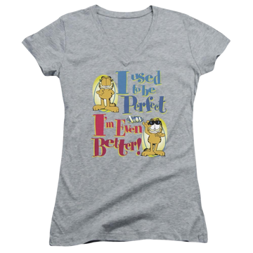 Athletic heather juniors v-neck t-shirt with Garfield Even Better graphic