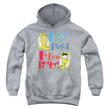 Athletic heather youth hoodie for ages 8 to 12 with Garfield Even Better graphic