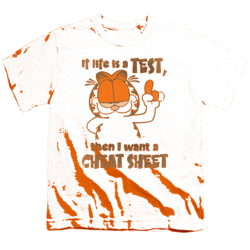 Orange youth t-shirt for ages 8 to 12 with Garfield Cheat Sheet graphic