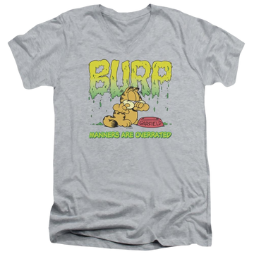 Athletic heather men's v-neck t-shirt with Garfield Manners graphic