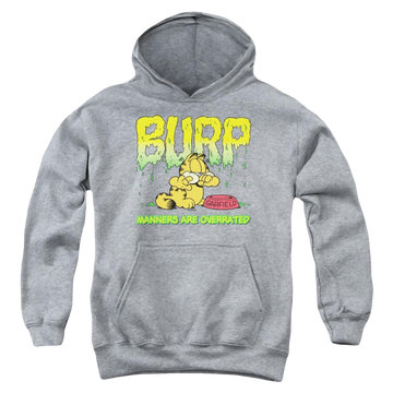 Athletic heather youth hoodie for ages 8 to 12 with Garfield Manners graphic