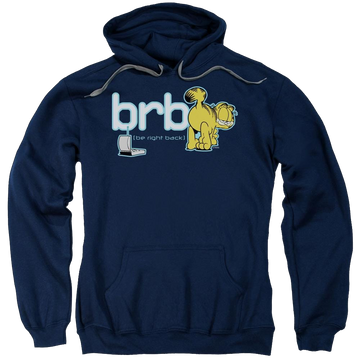 Navy pullover hoodie with Garfield Be Right Back graphic