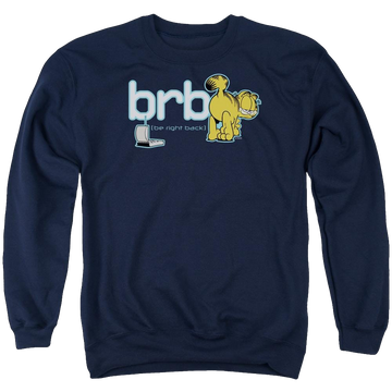 Navy men's crewneck sweatshirt with Garfield Be Right Back graphic