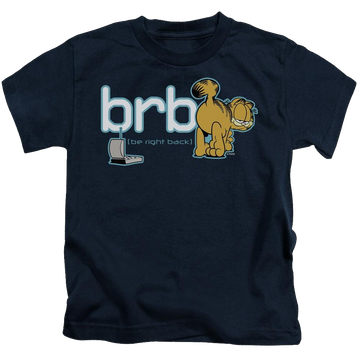 Navy kid's t-shirt for ages 4 to 7 with Garfield Be Right Back graphic