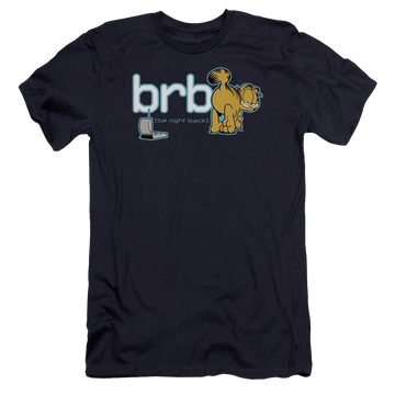 Navy men's premium slim fit t-shirt with Garfield Be Right Back graphic