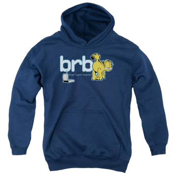 Navy youth hoodie for ages 8 to 12 with Garfield Be Right Back graphic