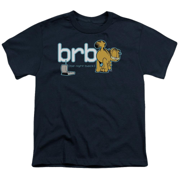 Navy youth t-shirt for ages 8 to 12 with Garfield Be Right Back graphic