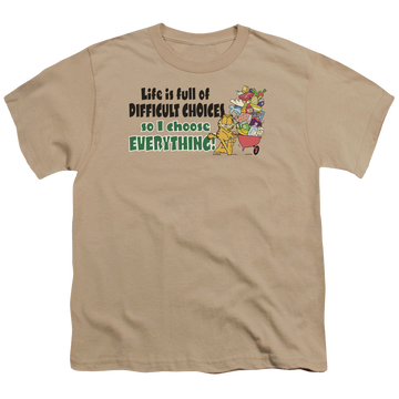 Sand youth t-shirt for ages 8 to 12 with Garfield Difficult Choices graphic