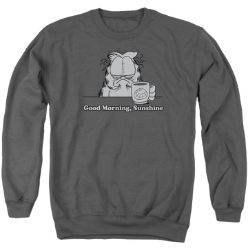 Charcoal men's crewneck sweatshirt with Garfield Good Morning Sunshine graphic