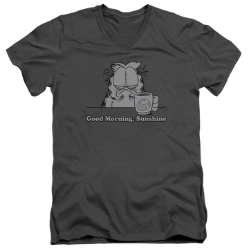 Charcoal men's v-neck t-shirt with Garfield Good Morning Sunshine graphic