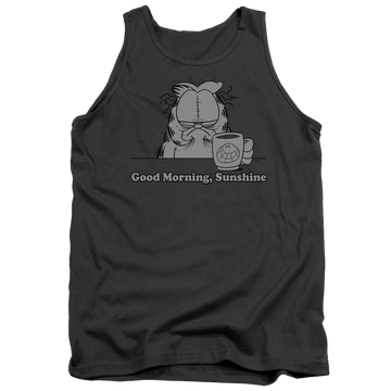 Charcoal men's tank with Garfield Good Morning Sunshine graphic
