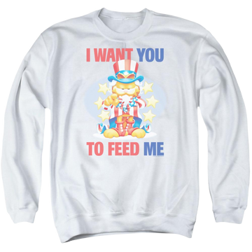 White men's crewneck sweatshirt with Garfield I Want You graphic