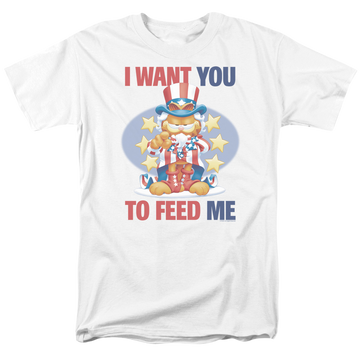 White men's regular fit t-shirt with Garfield I Want You graphic