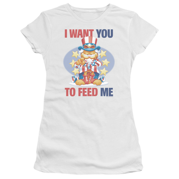White juniors t-shirt with Garfield I Want You graphic