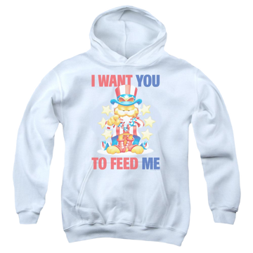 White youth hoodie for ages 8 to 12 with Garfield I Want You graphic