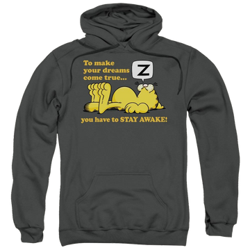 Charcoal pullover hoodie with Garfield Stay Awake graphic