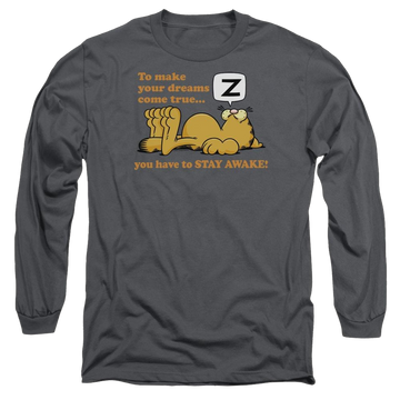 Charcoal men's long sleeve t-shirt with Garfield Stay Awake graphic