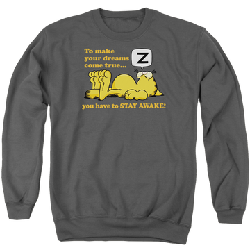 Charcoal men's crewneck sweatshirt with Garfield Stay Awake graphic