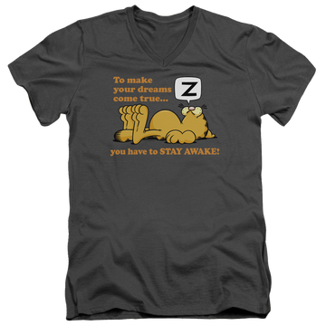 Charcoal men's v-neck t-shirt with Garfield Stay Awake graphic