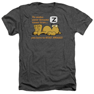 Charcoal men's heather t-shirt with Garfield Stay Awake graphic