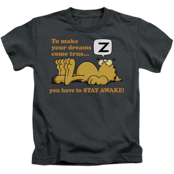 Charcoal kid's t-shirt for ages 4 to 7 with Garfield Stay Awake graphic
