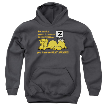 Charcoal youth hoodie for ages 8 to 12 with Garfield Stay Awake graphic