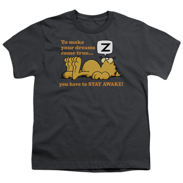 Charcoal youth t-shirt for ages 8 to 12 with Garfield Stay Awake graphic