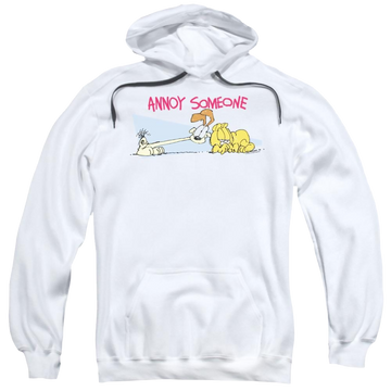 White pullover hoodie with Garfield Annoy Someone graphic