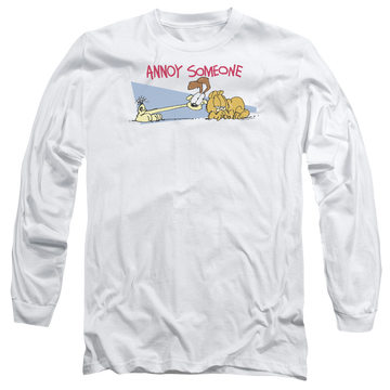 White men's long sleeve t-shirt with Garfield Annoy Someone graphic