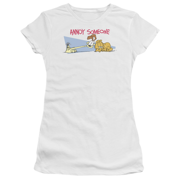 White juniors t-shirt with Garfield Annoy Someone graphic