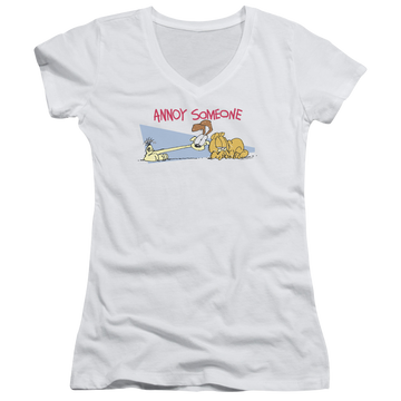 White juniors v-neck t-shirt with Garfield Annoy Someone graphic