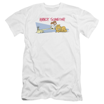 White men's premium slim fit t-shirt with Garfield Annoy Someone graphic