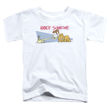 White toddler t-shirt with Garfield Annoy Someone graphic