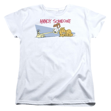 White women's t-shirt with Garfield Annoy Someone graphic
