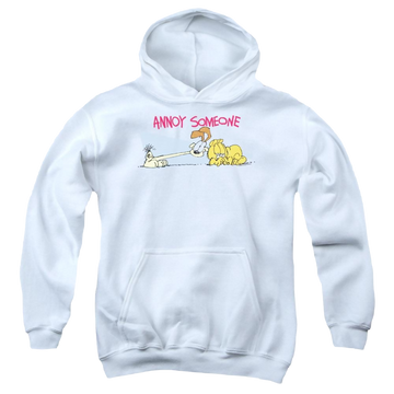 White youth hoodie for ages 8 to 12 with Garfield Annoy Someone graphic