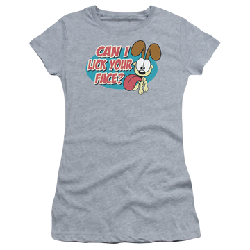 Athletic heather juniors t-shirt with Garfield Question graphic