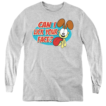 Athletic heather youth long sleeve t-shirt with Garfield Question graphic