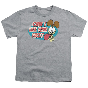 Athletic heather youth t-shirt for ages 8 to 12 with Garfield Question graphic