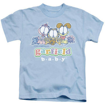 Light blue kid's t-shirt for ages 4 to 7 with Garfield Baby Gang graphic