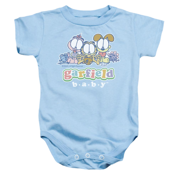 Light blue baby bodysuit with Garfield Baby Gang graphic
