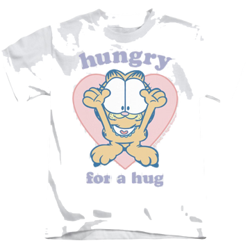White kid's t-shirt for ages 4 to 7 with Garfield Hungry For A Hug graphic