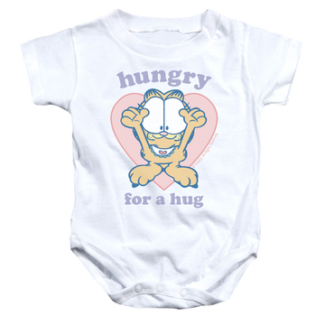 White baby bodysuit with Garfield Hungry For A Hug graphic