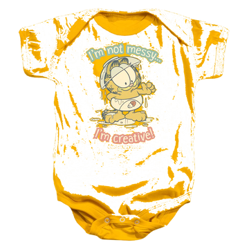 Gold baby bodysuit with Garfield Im Creative graphic