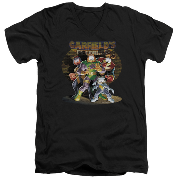 Black men's v-neck t-shirt with Garfield Spotlight graphic
